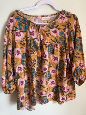NATURAL LIFE Pink Floral Peasant Blouse on Mustard